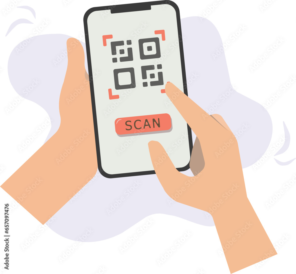 Poster scan qr code to mobile phone. hands holding mobile phone scanning qr code icon. cashless contactless