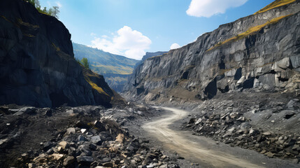 A natural coal deposit on a sunny day. Landscape, open air coal mines. 
