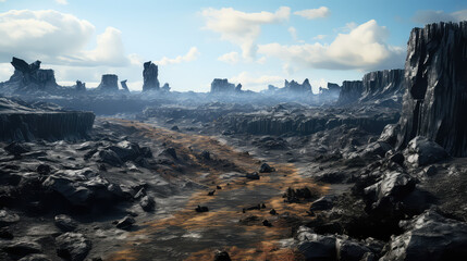 A natural coal deposit on a sunny day. Landscape, open air coal mines. 