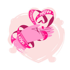 Breast cancer awareness hand with ribbon and illustration. With message Love yourself now
