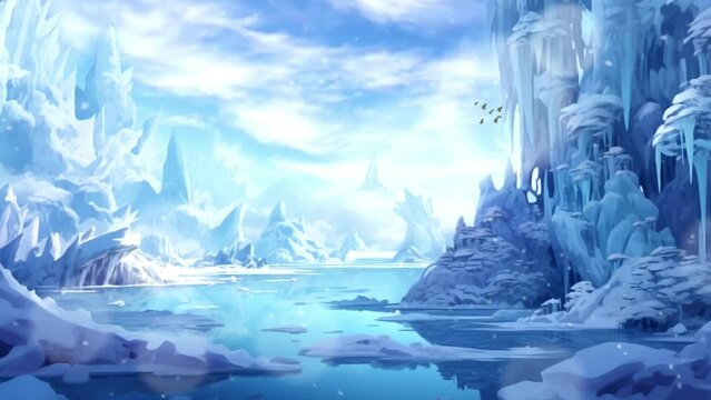 winter landscape with snow and trees, seamless looping video background animation, cartoon anime style