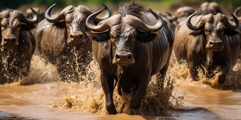 Wildebeest dangerous crossing when migrating between Tansania and the Masai Mara in Kenya - obrazy, fototapety, plakaty