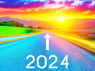 Empty road and New year 2024 concept. Driving on an empty road to Goals 2024 with sunrise.