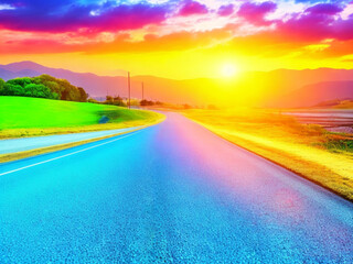 Empty road and New year concept. Driving on an empty road to Goals with sunrise. Copy space.