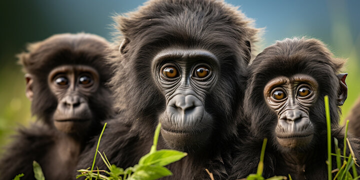 Closeup of a family group of mountain gorillas