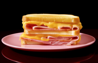 Hot triple sandwich with ham and melting cheese on plate, isolated on black