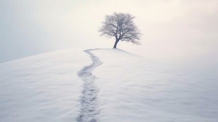 Fototapeta na wymiar Lone lonely tree in winter snow and lake solitude, minimalist. Generative AI image weber.