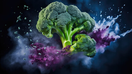 Fresh broccoli with colorful powder paint explosion