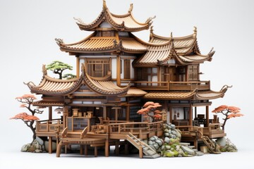 Naklejka premium 3D rendering of a traditional Chinese tea house with wooden lattice windows PNG Cutout, Generative AI