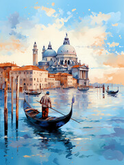 Painting Of A Gondola In A Body Of Water With A Building In The Background - obrazy, fototapety, plakaty