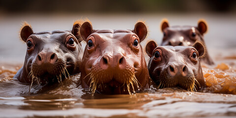 A pod of hippos, Hippopotamus amphibius, huddle together in Kenya - obrazy, fototapety, plakaty