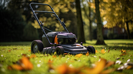 a lawn mower in the garden on the green lawn - obrazy, fototapety, plakaty
