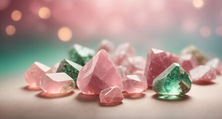 Fuchsite stones on bokeh background. Healing stones. 