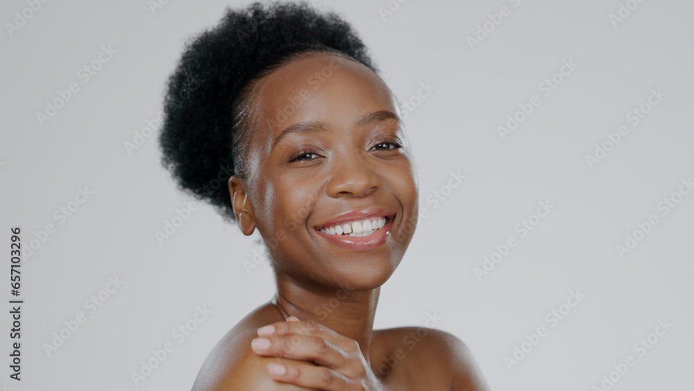 Canvas Prints Face, skincare and beauty of happy black woman in studio isolated on a gray background mockup space. Portrait, natural cosmetics and African model in spa facial treatment, wellness and skin health