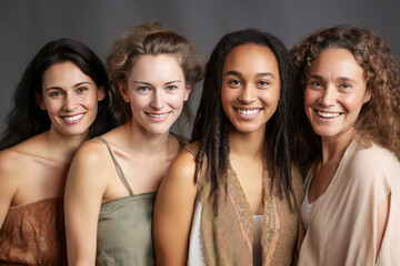 Fototapeta premium Smiling friends posing in front of a grey wall.