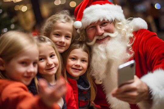 Santa Claus selfie with reindeer, santa take a photo by himself.