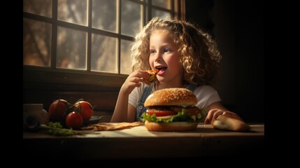 Girl eats pizza and burger