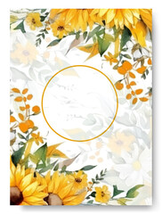 Corner of yellow sunflower flower arrangement on wedding invitation background. Rustic wedding card invitation.