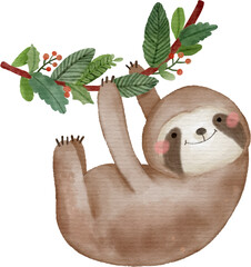 Sloth bear is hanging on christmas tree . Christmas concept . Watercolor paint cartoon characters . PNG . © stockdevil