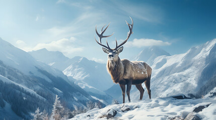 Deer stag in mountain peaks. Winter landscape