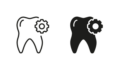 Dental Repair Silhouette and Line Icon Set. Tooth with Gear, Medical Extraction Pictogram. Orthodontic Oral Medicine. Dental Treatment, Dentistry Black Symbol Collection. Isolated Vector Illustration