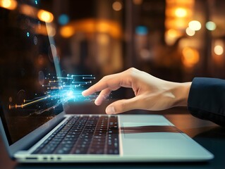 Hand touch laptop screen with ai and technology concept