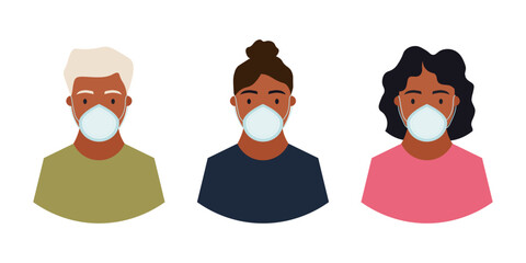 People wearing masks, old and young. Covid-19 risk group. Flat vector illustration