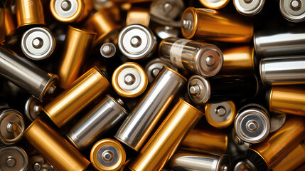 Lots of alkaline batteries. Separate waste collection, production of batteries for appliances and home, energy source. - obrazy, fototapety, plakaty