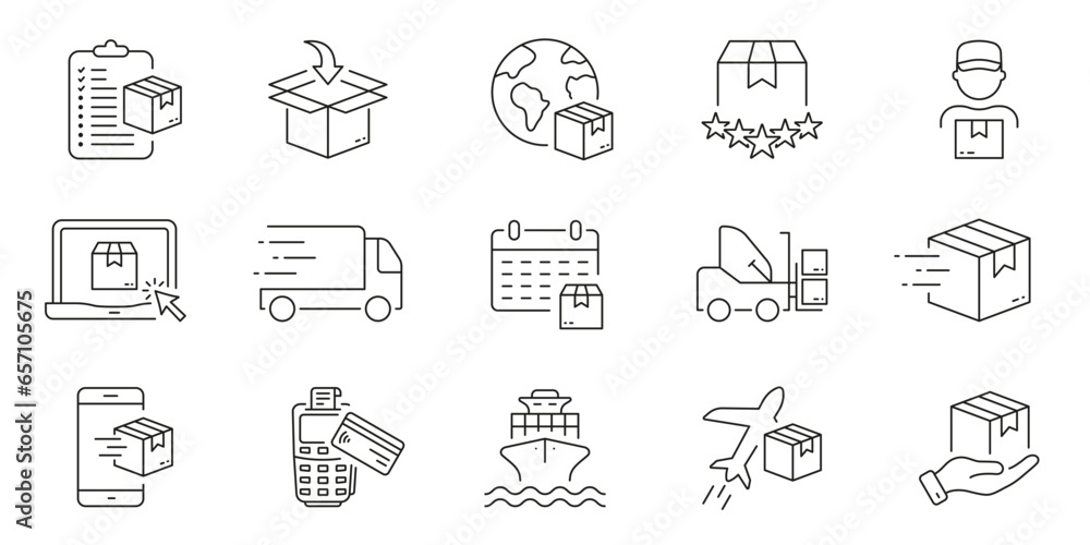 Poster cargo fast delivery line icon set. distribution and logistic linear pictogram. parcel package expres