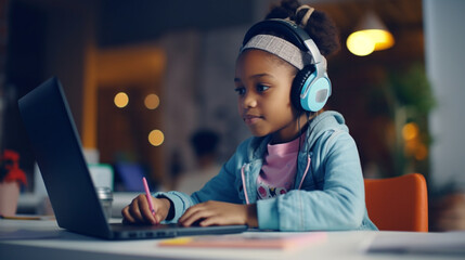child listening to music with headphones and doing school work on laptop