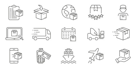 Cargo Fast Delivery Line Icon Set. Distribution and Logistic Linear Pictogram. Parcel Package Express Transportation Outline Symbol. Online Shopping. Editable Stroke. Isolated Vector Illustration