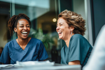 Multicultural women nurses in blue scrubs laughing at team meeting. - obrazy, fototapety, plakaty