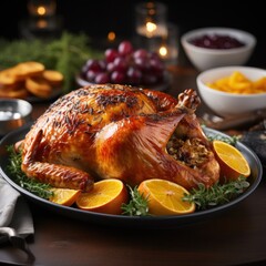 Fototapeta na wymiar Golden roasted turkey with crispy skin and stuffing