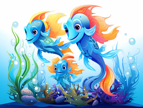 Group Of Blue Fish With Orange And Blue Fins And Yellow Fins
