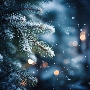 Snowy pine tree branches with blurred lights