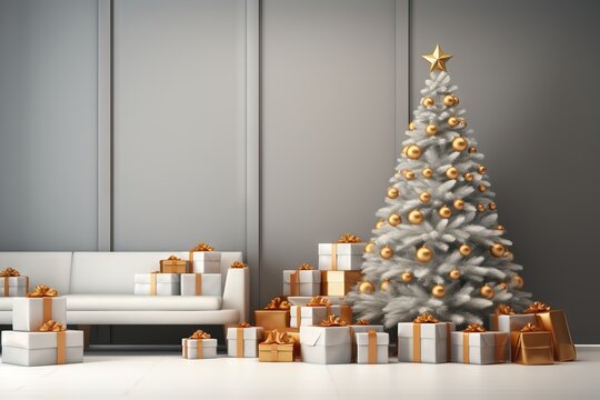 White christmas tree golden decoration New year background, Christmas background AI generated image