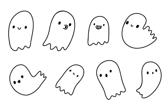 Doodle ghost house. Halloween little ghost in cute kawaii style. Hand drawn funny smiling samhain ghosts set, spirit and sweets isolated on white background. Trick or treat stock cartoon image.