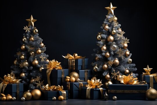 White christmas tree golden decoration New year background, Christmas background AI generated image