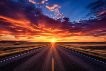 Road to nowhere. Empty straight asphalt motorway in flat landscape, disappearing into the horizon. Sunset and illuminated clouds. Concept of new beginning, brighter future. AI generative photography. - obrazy, fototapety, plakaty