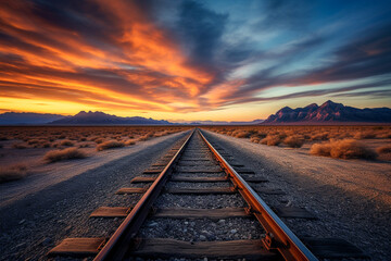Railway to nowhere. Straight rails in desert landscape, disappearing into the horizon. Sunset and illuminated clouds. Concept of new beginning, brighter future. AI generative photography. - obrazy, fototapety, plakaty