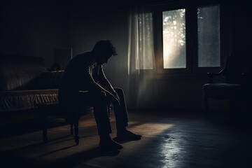 Silhouette depressed man sadly sitting on sofa in the living room. Sad asian man suffering depression insomnia awake and sit alone on the couch. Depression health people concept. Generative by AI. - obrazy, fototapety, plakaty