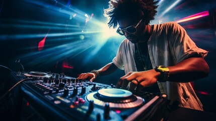 DJ with afro hair mixing tracks at a club