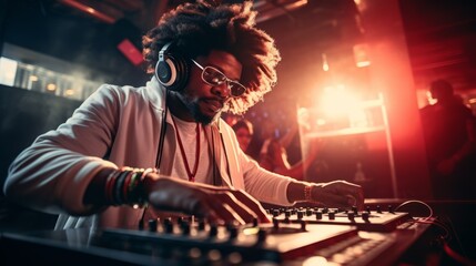 DJ with afro hair mixing tracks at a club - obrazy, fototapety, plakaty