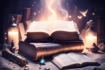 Enchanted book, glowing. A witch's spellbook with candles - obrazy, fototapety, plakaty