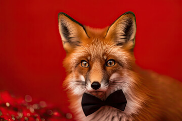 Fox wearing a bow on the red background
