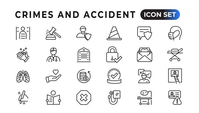 Crimes and accident linear icons collection.Set of thin line web icon set, simple outline icons collection, Pixel Perfect icons, Simple vector illustration