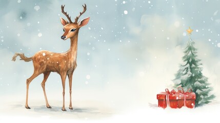 Cute little deer baby illustration, christmas illustration with adorable little deer winter forest snowy landscape