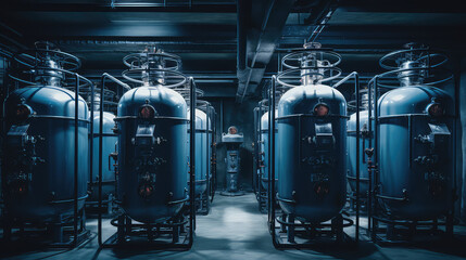 Lots of pressurized blue gas tanks. Gas industry, natural gas production and storage. Pressure gas cylinders in the manufacturing industry. - obrazy, fototapety, plakaty