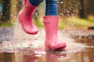 close up of pink boots in puddle