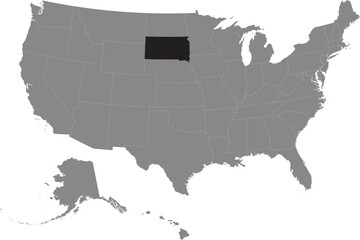 Black CMYK federal map of SOUTH DAKOTA inside detailed gray blank political map of the United States of America on transparent background